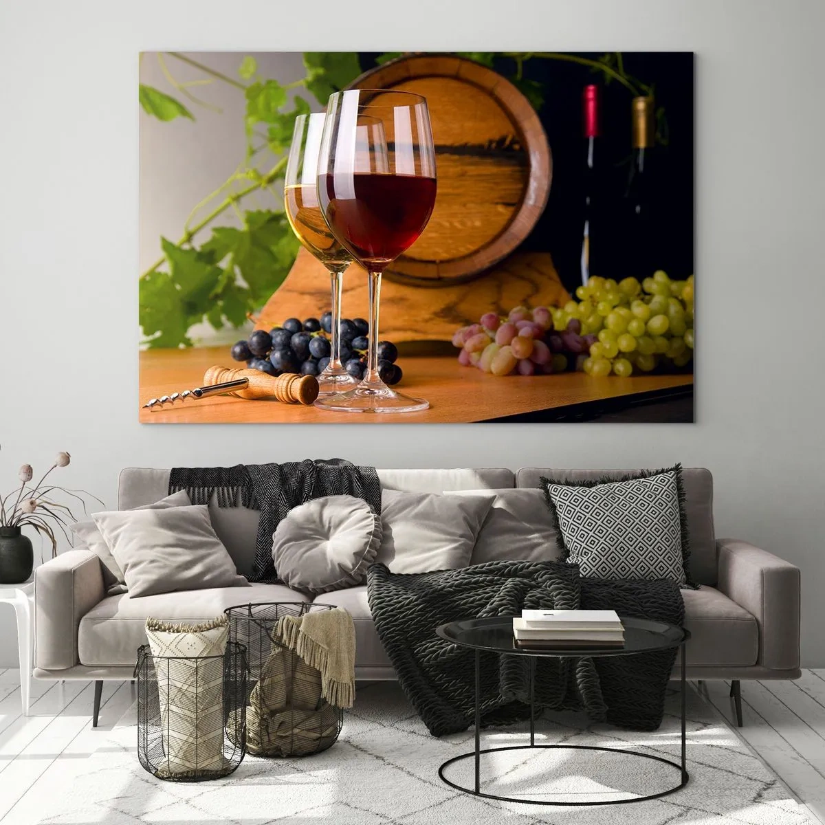 Cuadro sobre vidrio - Impresiones sobre Vidrio - Copas de vino, uvas y un barril sobre un fondo de hojas de parra. - 120x80cm - Como los antiguos maestros - Decoración de pared moderna para salón y dormitorio ARTTOR