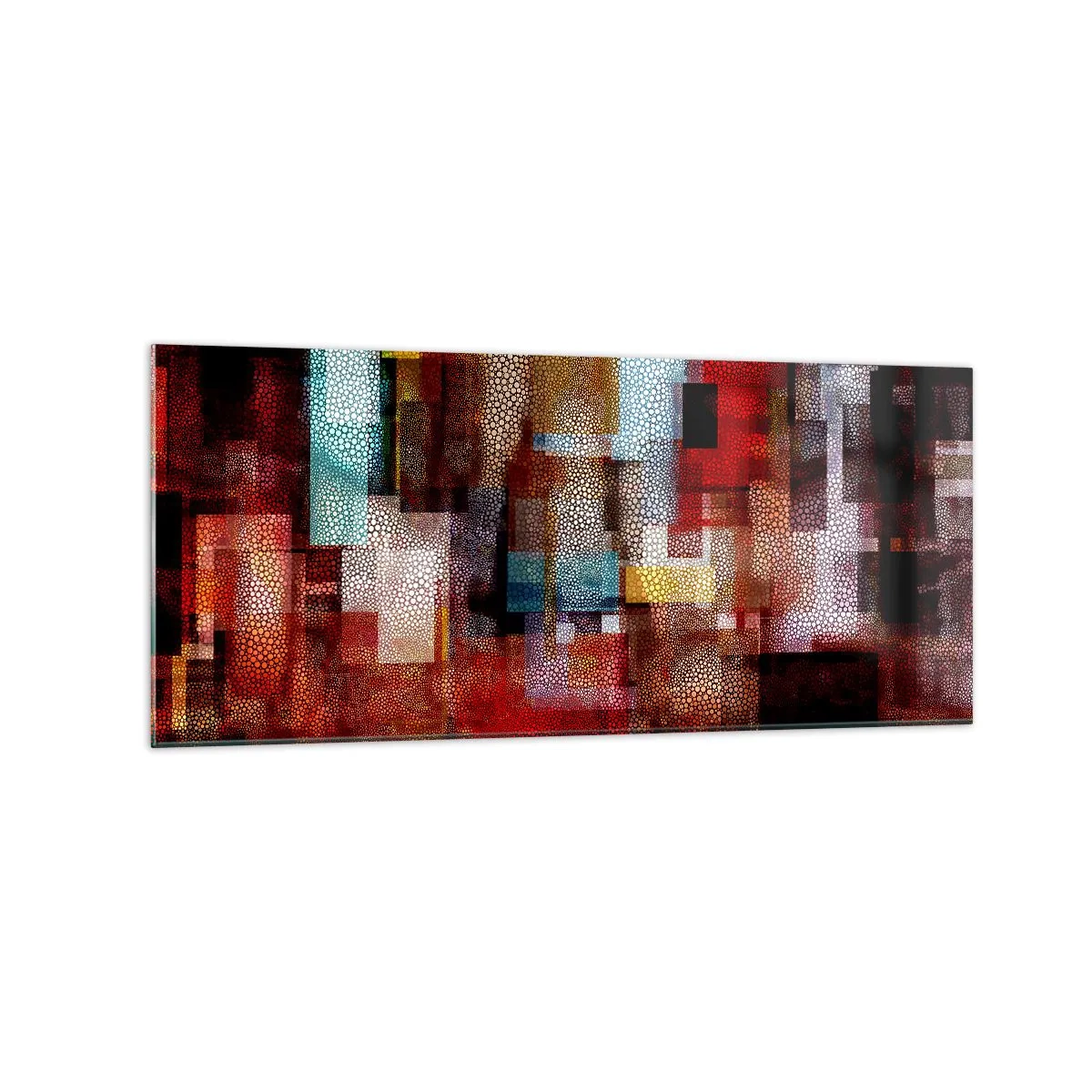 Cuadro sobre vidrio - Impresiones sobre Vidrio - Abstracción geométrica en intensos tonos rojos. - 120x50cm - Confusión y desconcierto - Decoración de pared moderna para salón y dormitorio ARTTOR