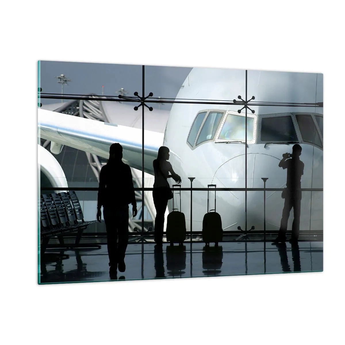 Cuadro sobre vidrio - Impresiones sobre Vidrio - Aeropuerto con vista del avión y siluetas de viajeros - 120x80cm - Vis a vis en el aeropuerto - Decoración de pared moderna para salón y dormitorio ARTTOR