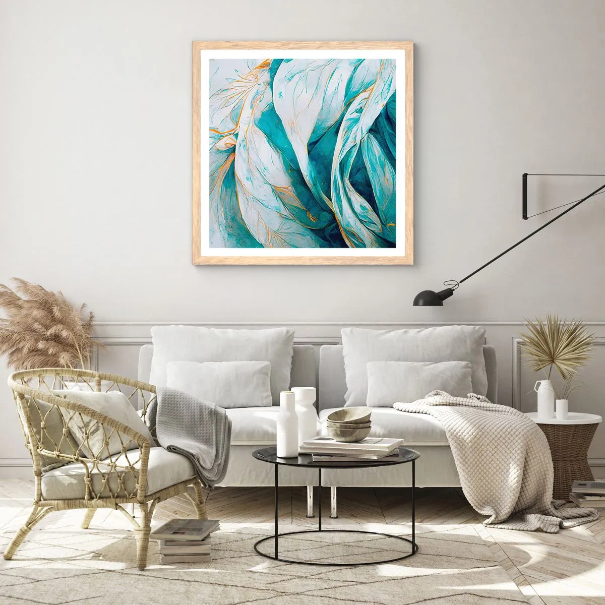 Póster en marco roble claro - Abstracción azul con motivos dorados - 30x30 cm