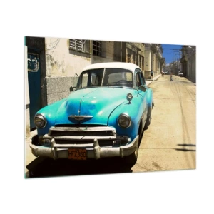 Cuadro sobre vidrio - Impresiones sobre Vidrio - Coche azul antiguo en la calle bajo el sol - 100x70cm - ¡Viva Cuba! - Decoración de pared moderna para salón y dormitorio ARTTOR