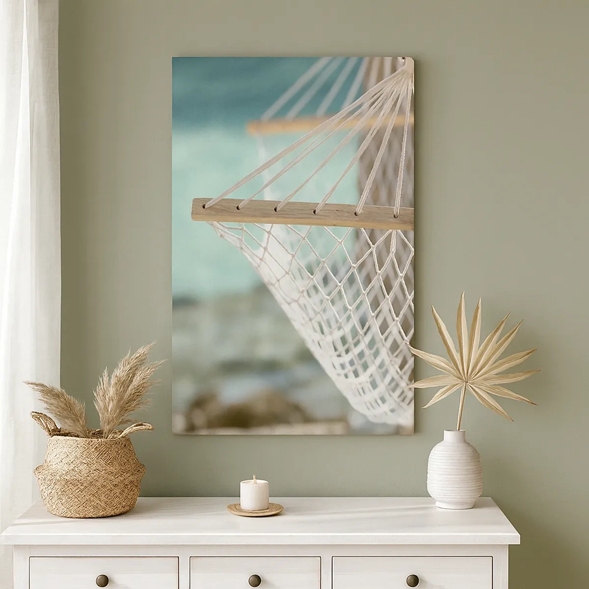 Cuadro sobre lienzo - Impresión de Imagen - Una hamaca con vistas al agua turquesa. - 50x70cm - Momento de relax - Decoración de pared moderna para salón y dormitorio ARTTOR