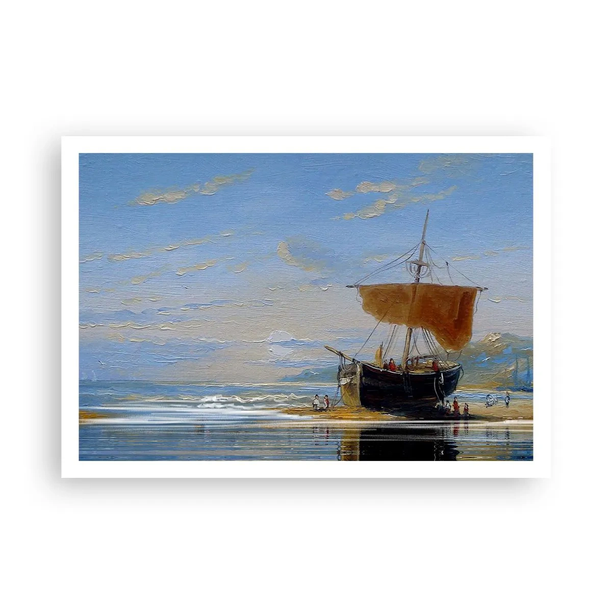 Póster - Un barco en la orilla del mar en un día soleado. - 100x70cm - Agua, tierra, aire - Decoración de pared moderna para salón y dormitorio ARTTOR