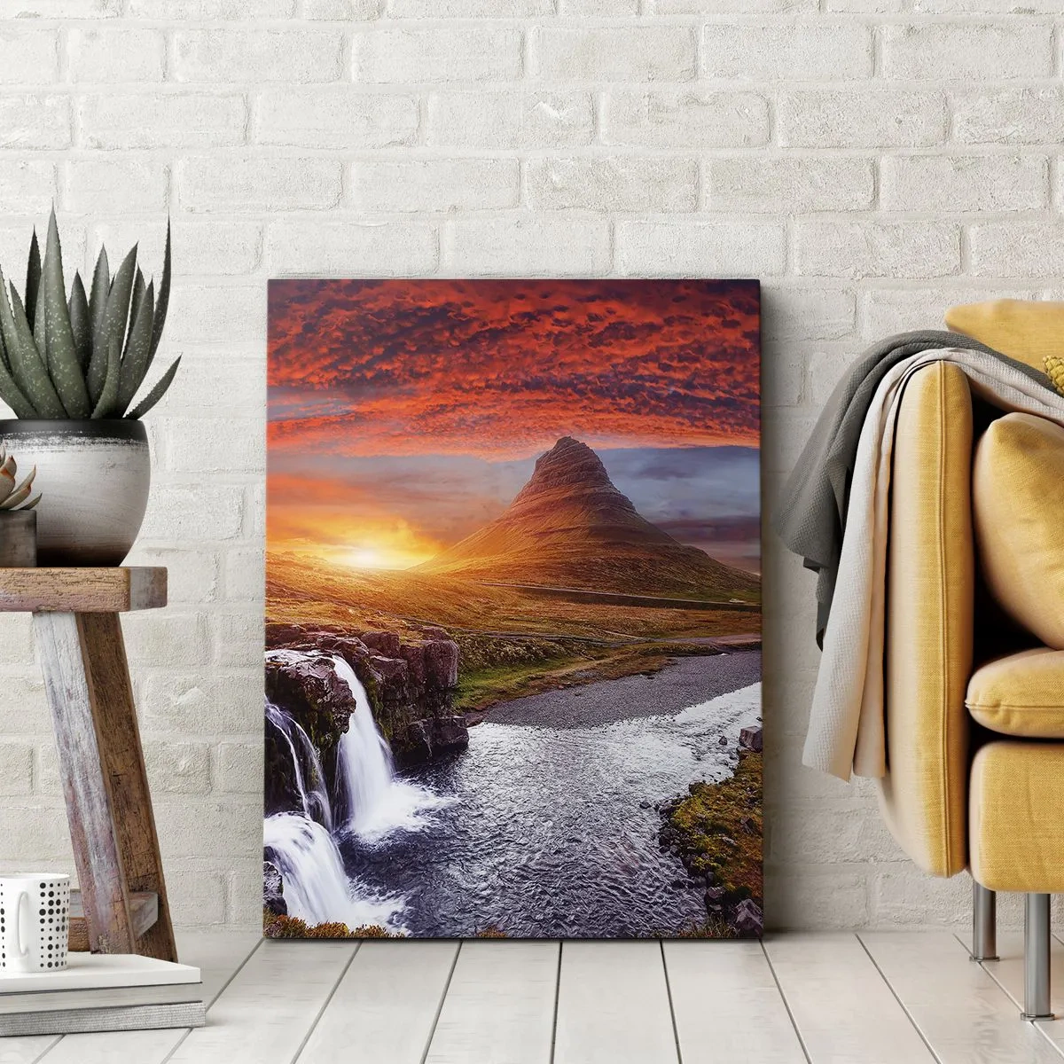 Cuadro sobre lienzo - Impresión de Imagen - Paisaje de montaña con cascada al atardecer. - 50x70cm - Una vista de la Tierra Media - Decoración de pared moderna para salón y dormitorio ARTTOR