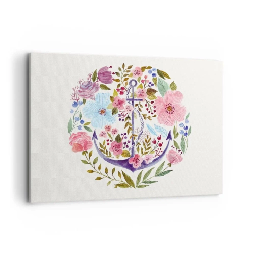 Cuadro sobre lienzo - Impresión de Imagen - Un ancla rodeada de flores de acuarela sobre un fondo claro. - 100x70cm - El sueño reparador de un marinero - Decoración de pared moderna para salón y dormitorio ARTTOR