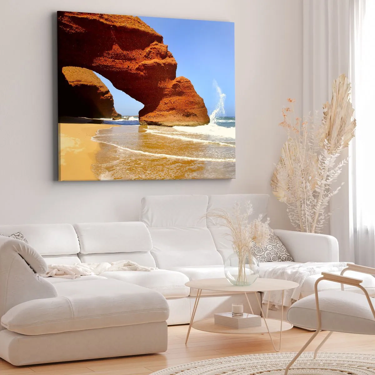 Cuadro sobre lienzo - Impresión de Imagen - Un arco de roca natural en una playa con cielos azules y olas. - 120x80cm - El agua y el viento a través de miles de años - Decoración de pared moderna para salón y dormitorio ARTTOR