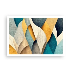 Póster - Ondas abstractas en tonos azules y dorados. - 100x70cm - Ritmo y ondulación - Decoración de pared moderna para salón y dormitorio ARTTOR