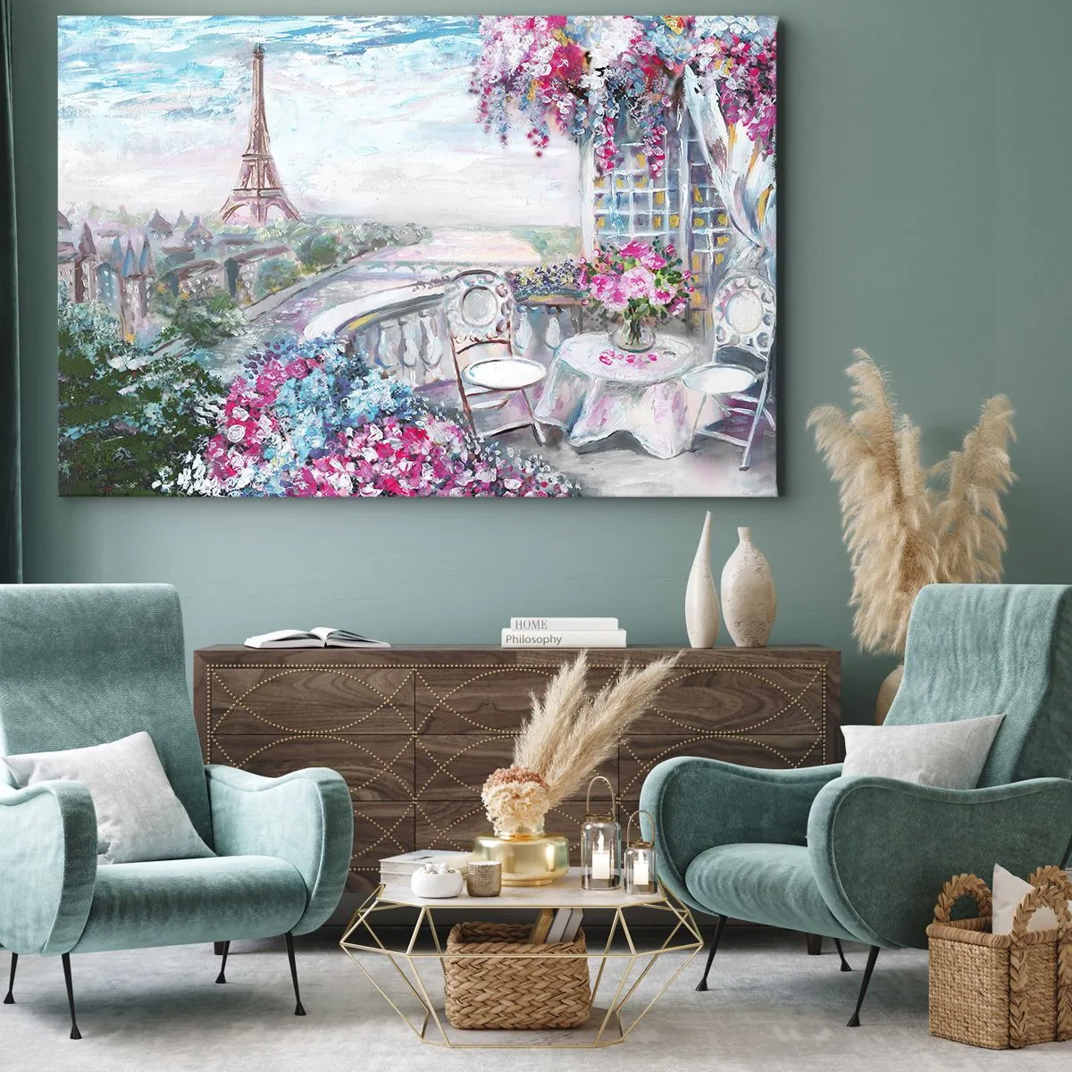Cuadro sobre lienzo - Impresión de Imagen - Una vista romántica de París con la Torre Eiffel y un balcón lleno de flores. - 70x50cm - Mayo mágico en París - Decoración de pared moderna para salón y dormitorio ARTTOR