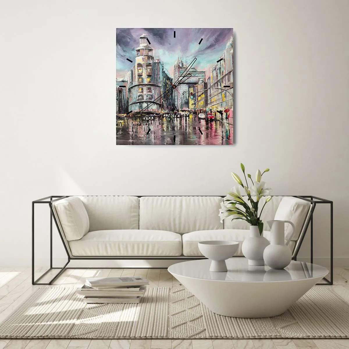 Reloj de pared - Reloj de vidrio - Vista nocturna de la ciudad con reflejos en la calle mojada. - 30x30cm - Va a ser una buena noche - Decoración de pared moderna para salón y dormitorio ARTTOR