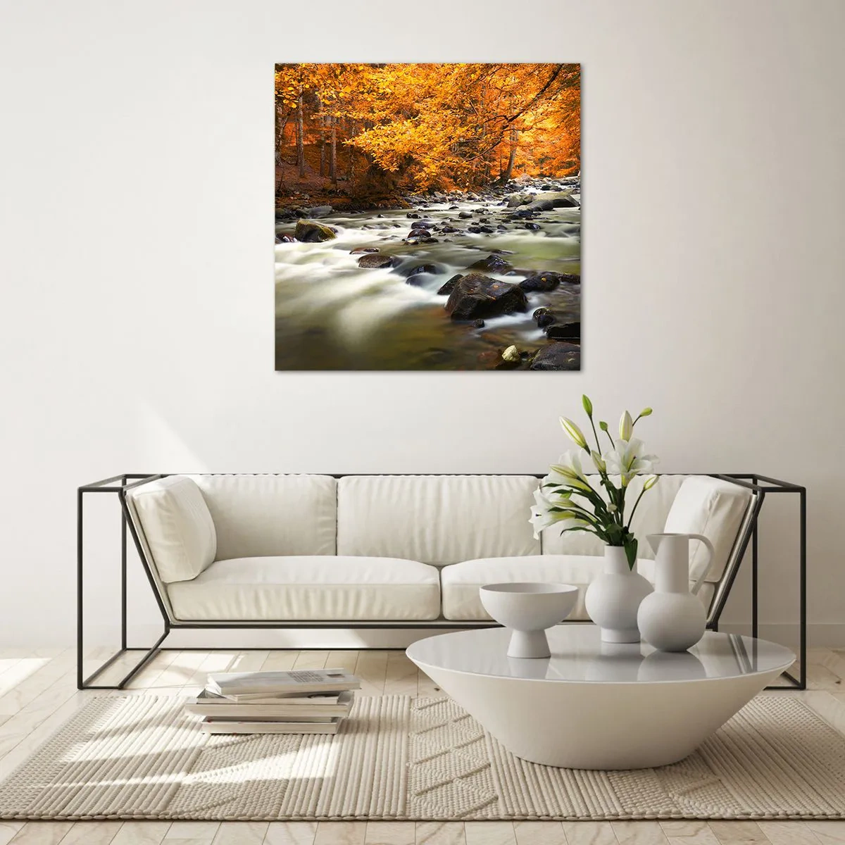 Cuadro sobre vidrio - Impresiones sobre Vidrio - Un arroyo en un bosque dorado - 40x40 cm