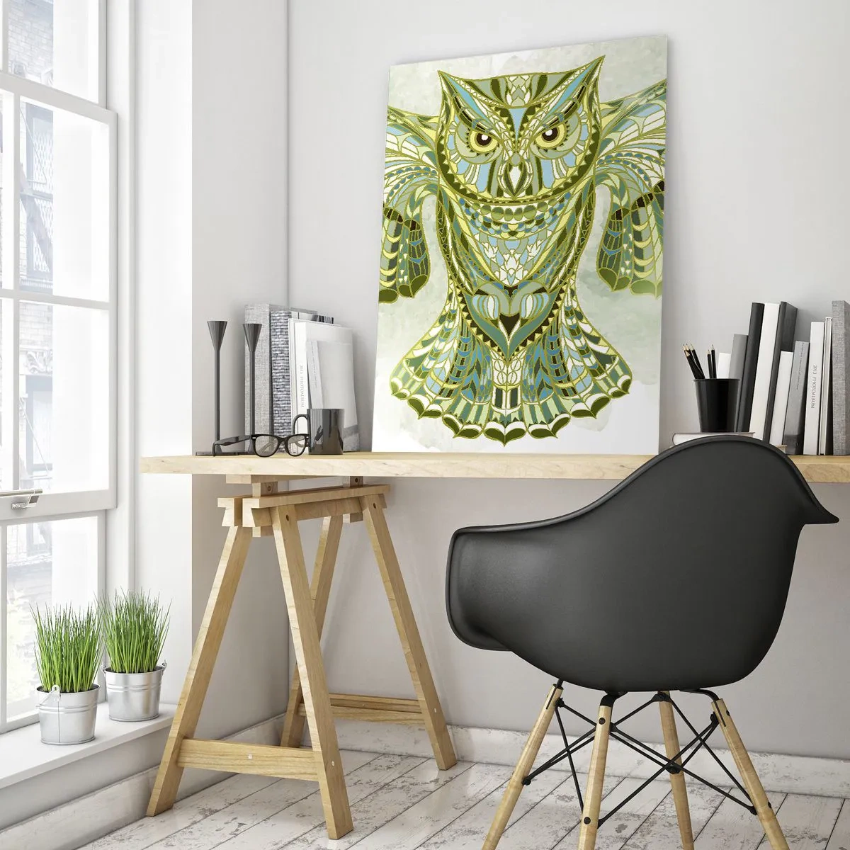 Cuadro sobre vidrio - Impresiones sobre Vidrio - Búho decorativo en tonos azules. - 80x120cm - De una arboleda sagrada celta - Decoración de pared moderna para salón y dormitorio ARTTOR