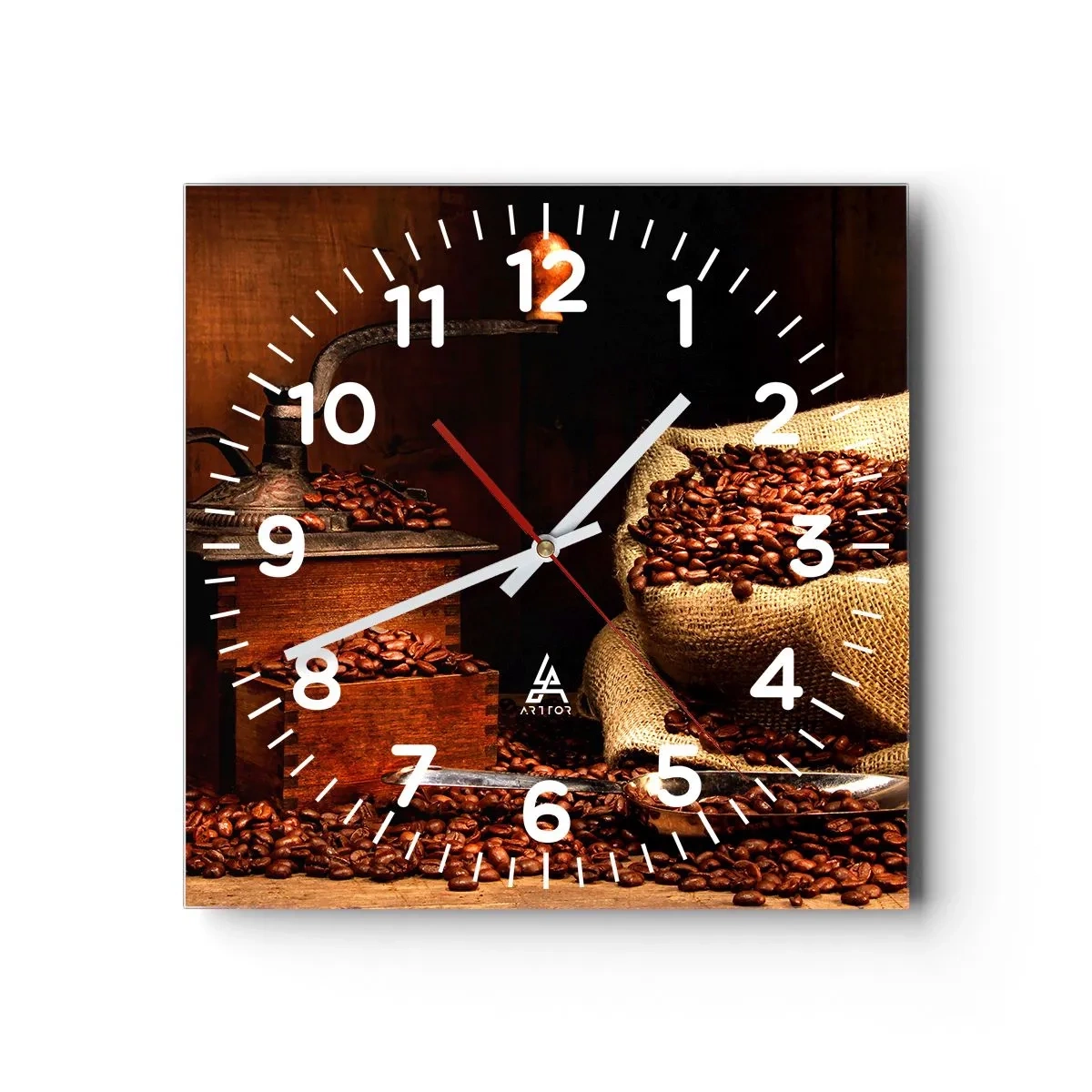 Reloj de pared - Reloj de vidrio - Bodegón con granos de café y molinillo - 40x40 cm