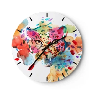 Reloj de pared - Reloj de vidrio - Un retrato colorido de una pantera en forma de acuarela abstracta. - 30x30cm - La bella y la bestia - Decoración de pared moderna para salón, cocina y dormitorio ARTTOR