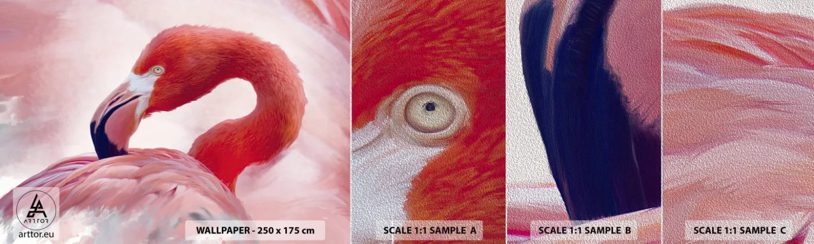 Muestra de fotomural Premium Sand - La belleza de las aves - Flamenco, Pájaro, Naturaleza - 100x30 cm