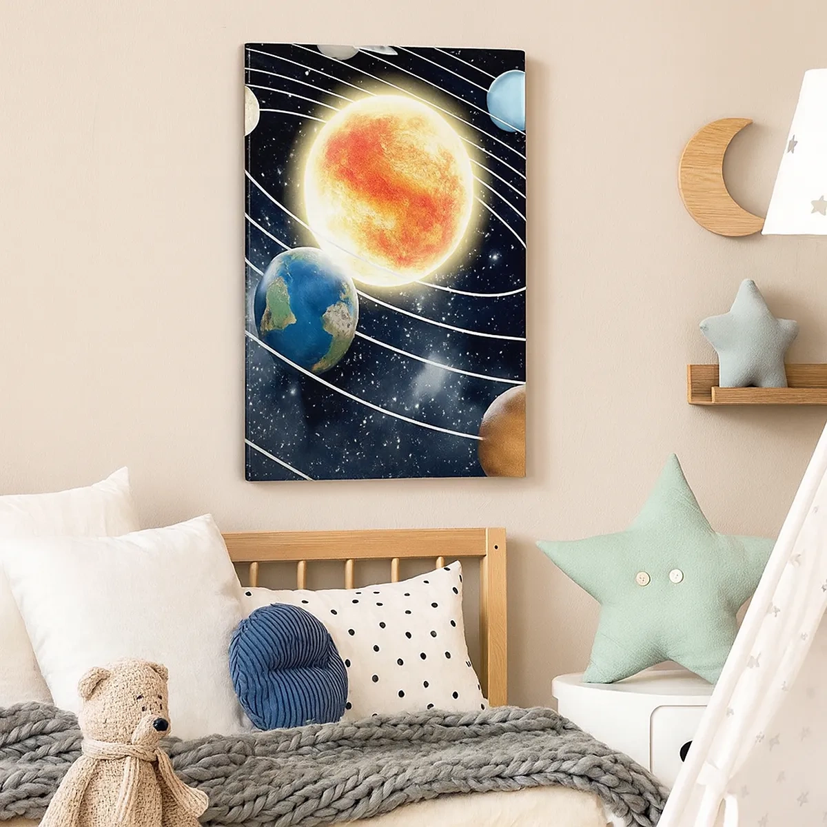 Cuadro sobre lienzo - Impresión de Imagen - Sistema solar con planetas y sol en el espacio. - 50x70cm - Danza cósmica - Decoración de pared moderna para salón y dormitorio ARTTOR