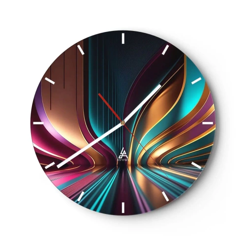 Reloj de pared - Reloj de vidrio - Líneas de luz futuristas en oro, turquesa y morado. - 30x30cm - Arquitectura de la luz - Decoración de pared moderna para salón, cocina y dormitorio ARTTOR