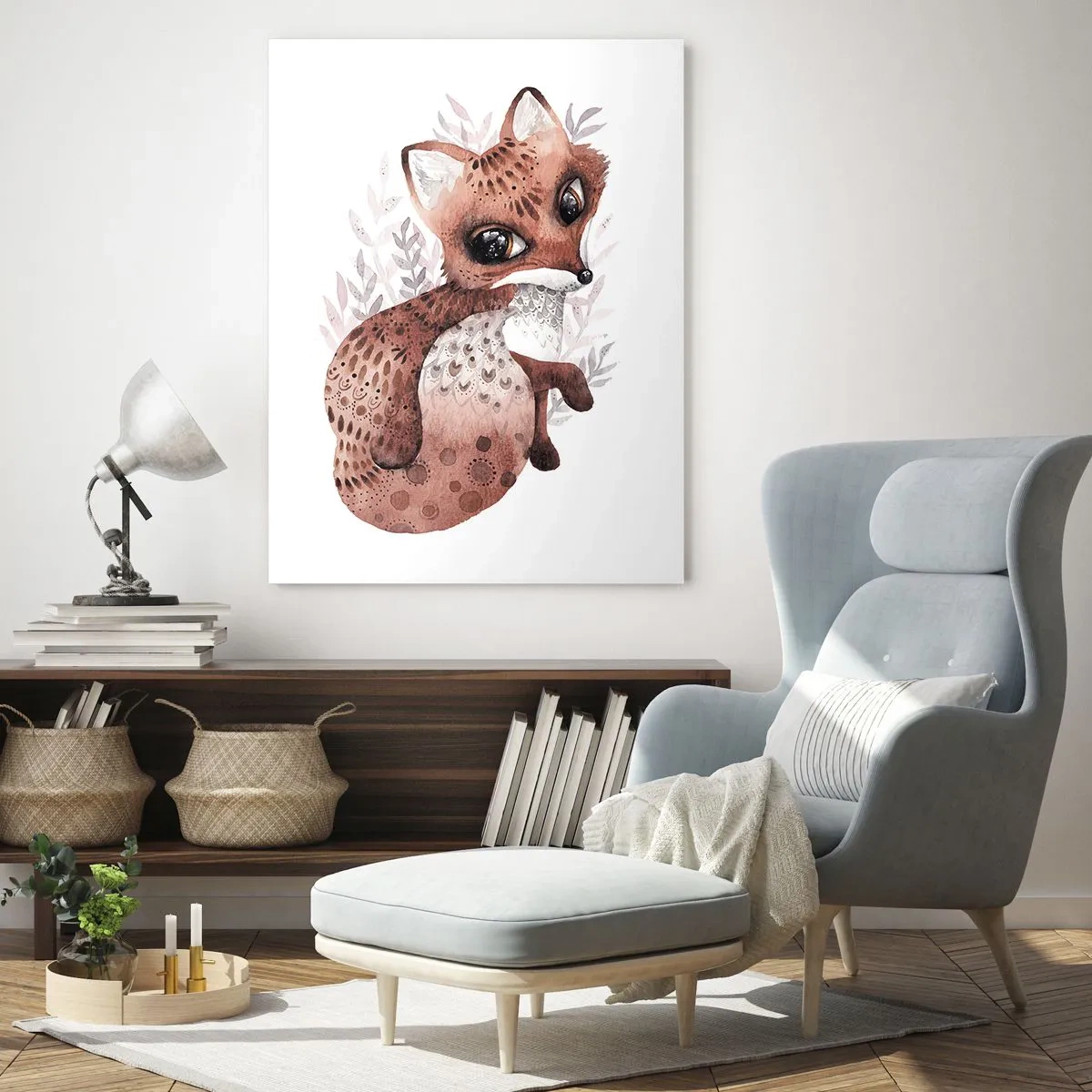 Cuadro sobre vidrio - Impresiones sobre Vidrio - Un lindo zorro de acuarela sobre un fondo blanco. - 50x70cm - Dulzura y amor - Decoración de pared moderna para salón y dormitorio ARTTOR