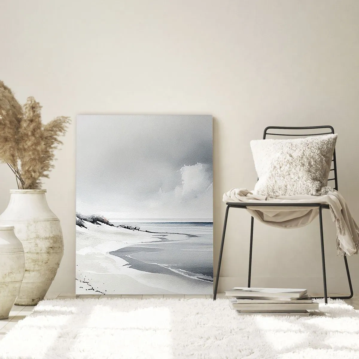 Cuadro sobre vidrio - Impresiones sobre Vidrio - Una playa en tonos tenues de gris y azul. - 80x120cm - Juntos desde el principio de los tiempos - Decoración de pared moderna para salón y dormitorio ARTTOR