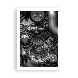 Póster - Primer plano detallado de los componentes mecánicos del motor en blanco y negro. - 50x70cm - La poesía de la mecánica - Decoración de pared moderna para salón y dormitorio ARTTOR