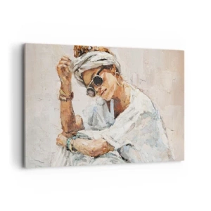 Cuadro sobre lienzo - Impresión de Imagen - Retrato de una mujer con gafas de sol contra una pared clara. - 120x80cm - Retrato a pleno sol - Decoración de pared moderna para salón y dormitorio ARTTOR
