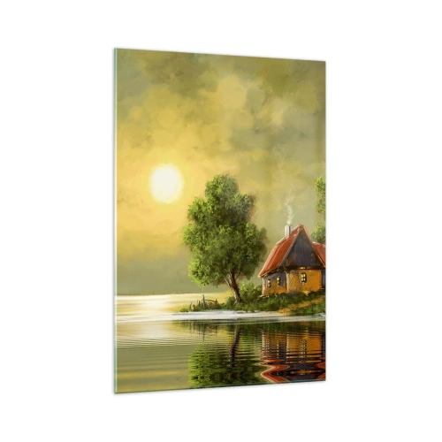 Cuadro sobre vidrio - Impresiones sobre Vidrio - Casa del lago a la luz del atardecer - 70x100cm - Es hermoso, como salido de un cuadro - Decoración de pared moderna para salón y dormitorio ARTTOR