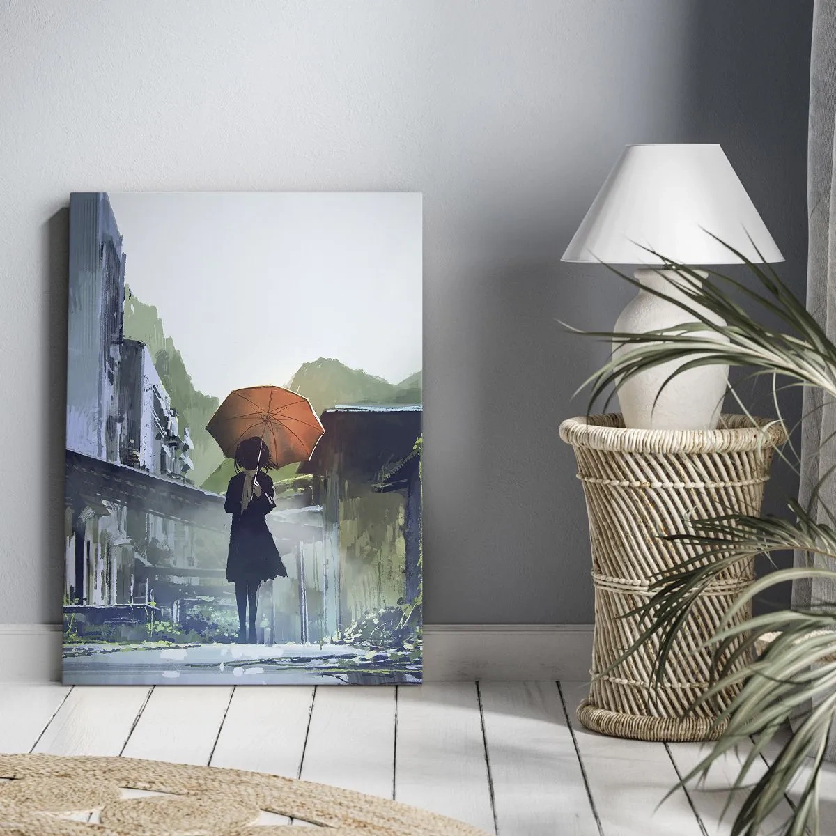 Cuadro sobre lienzo - Impresión de Imagen - Una figura con un paraguas en una ciudad lluviosa. - 70x100cm - Una lluvia revitalizante - Decoración de pared moderna para salón y dormitorio ARTTOR