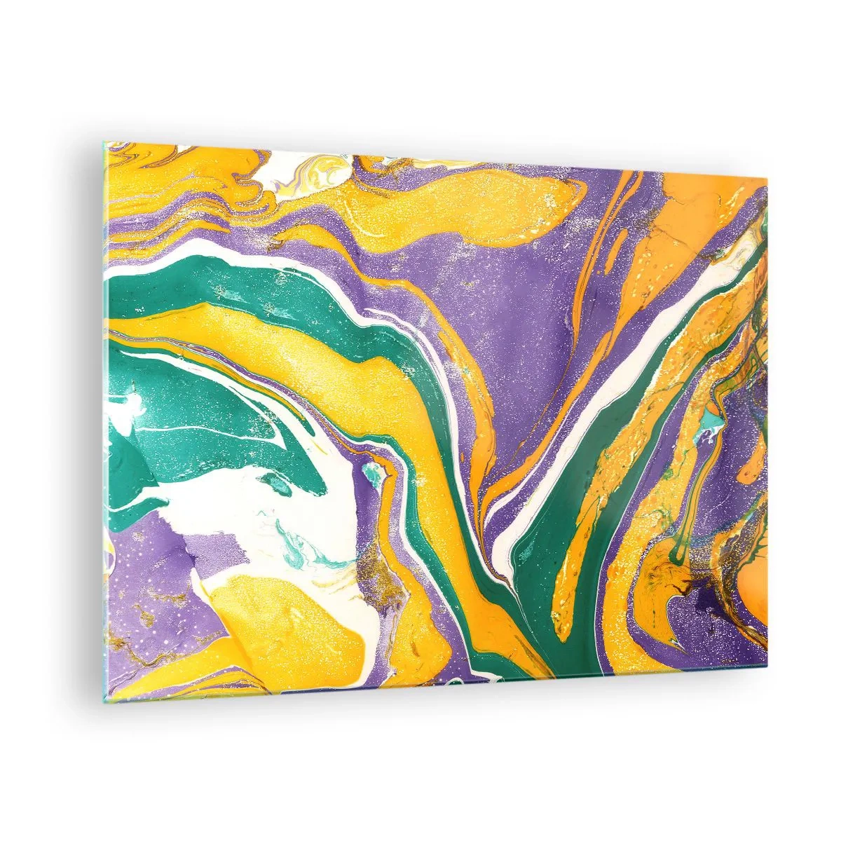 Cuadro sobre vidrio - Impresiones sobre Vidrio - Patrón de ondas abstracto en amarillo, morado y verde. - 70x50cm - Olas de color - Decoración de pared moderna para salón y dormitorio ARTTOR