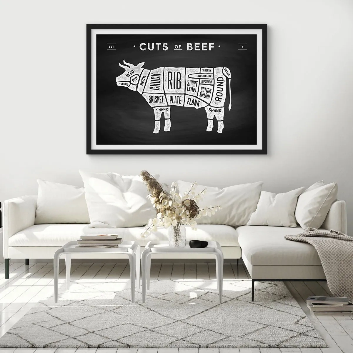 Póster en marco negro - Diagrama de cortes de carne de res sobre un fondo negro - 70x50cm - Manual del carnicero - Decoración de pared moderna para salón y dormitorio ARTTOR
