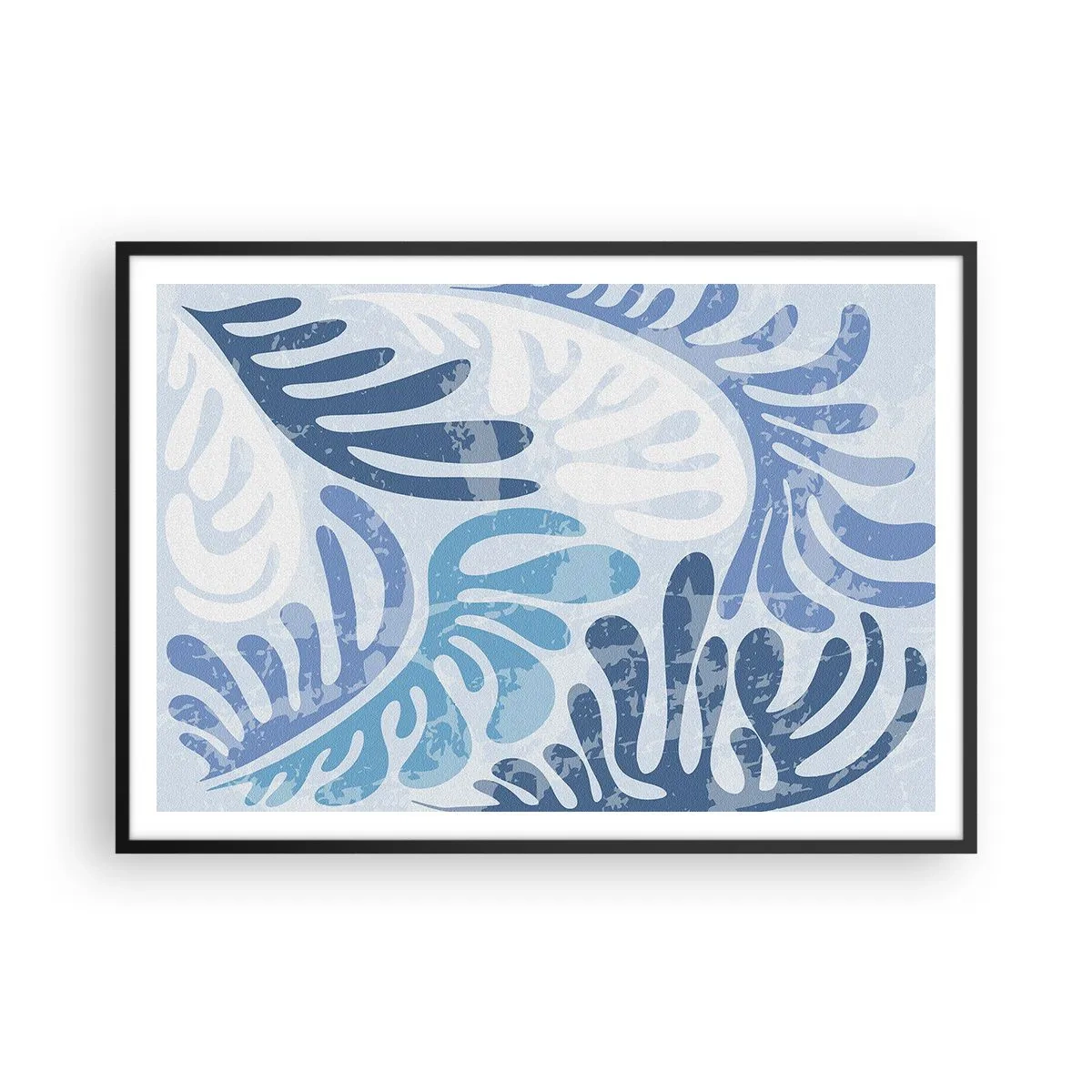 Póster en marco negro - Formas abstractas en tonos azules sobre un fondo blanco. - 100x70cm - Helechos azules - Decoración de pared moderna para salón y dormitorio ARTTOR