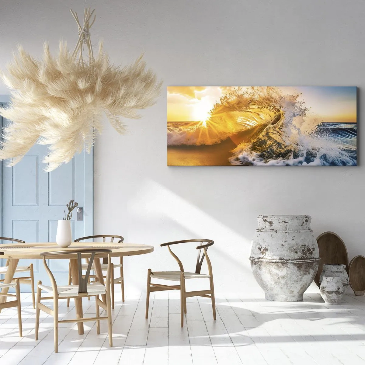 Cuadro sobre lienzo - Impresión de Imagen - Una ola dorada con el sol poniente como telón de fondo. - 140x50cm - Jugando en la arena - Decoración de pared moderna para salón y dormitorio ARTTOR