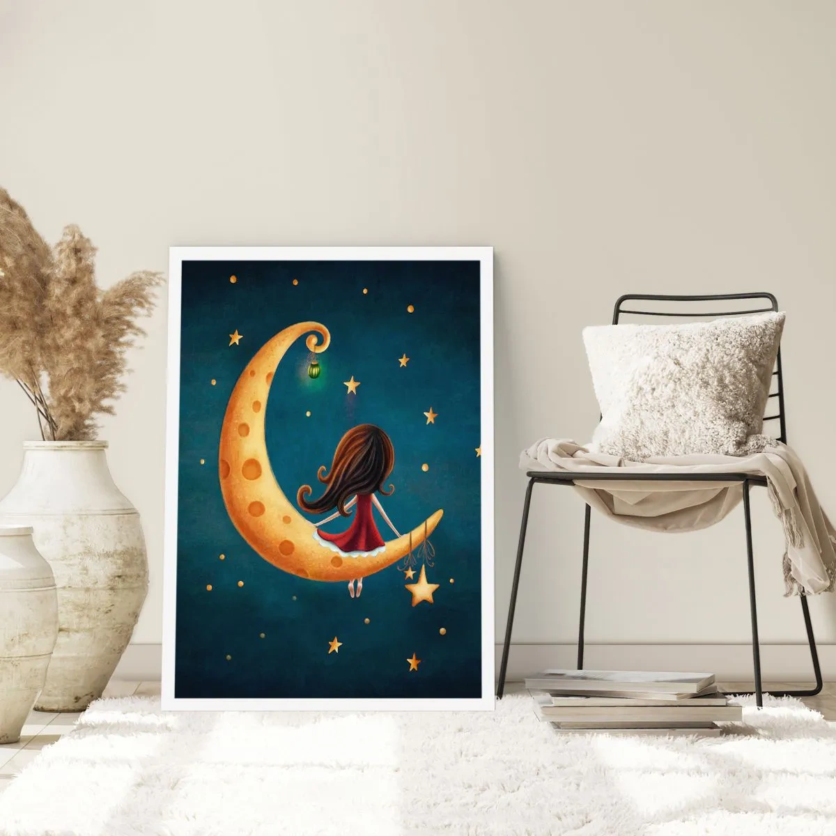 Póster - Una niña en la luna rodeada de estrellas y una linterna. - 50x70cm - Érase una vez... - Decoración de pared moderna para salón y dormitorio ARTTOR