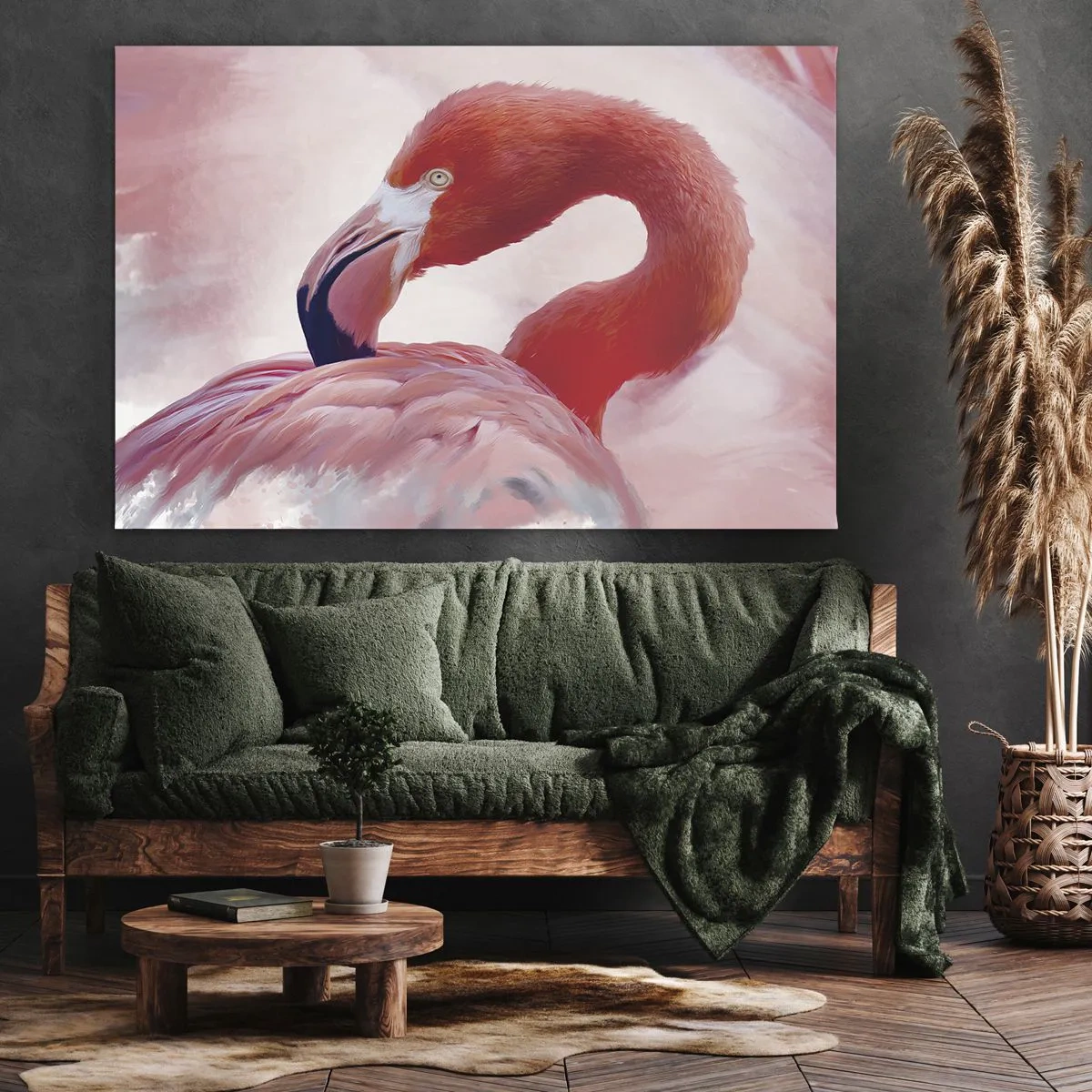 Cuadro sobre lienzo - Impresión de Imagen - Un flamenco en tonos rosados sobre un fondo claro. - 70x50cm - La belleza de las aves - Decoración de pared moderna para salón y dormitorio ARTTOR