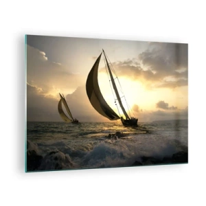 Cuadro sobre vidrio - Impresiones sobre Vidrio - Veleros en un mar tempestuoso durante la puesta de sol - 70x50cm - En contra y a favor del viento - Decoración de pared moderna para salón y dormitorio ARTTOR