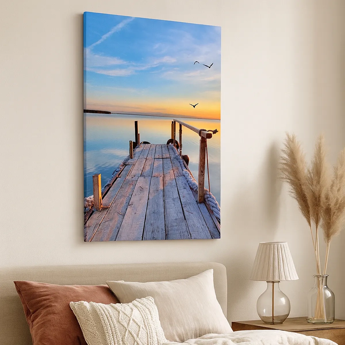 Cuadro sobre lienzo - Impresión de Imagen - Muelle de madera al atardecer en un lago tranquilo - 50x70cm - Caminando hacia el sol - Decoración de pared moderna para salón y dormitorio ARTTOR