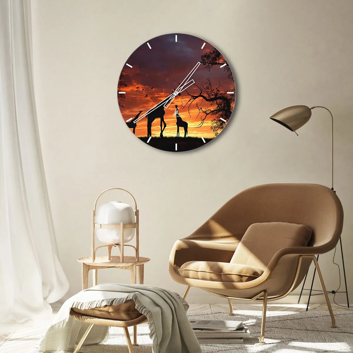 Reloj de pared - Reloj de vidrio - Siluetas de jirafas con el telón de fondo de una puesta de sol africana - 30x30cm - Una pequeña cena con tus seres queridos - Decoración de pared moderna para salón, cocina y dormitorio ARTTOR
