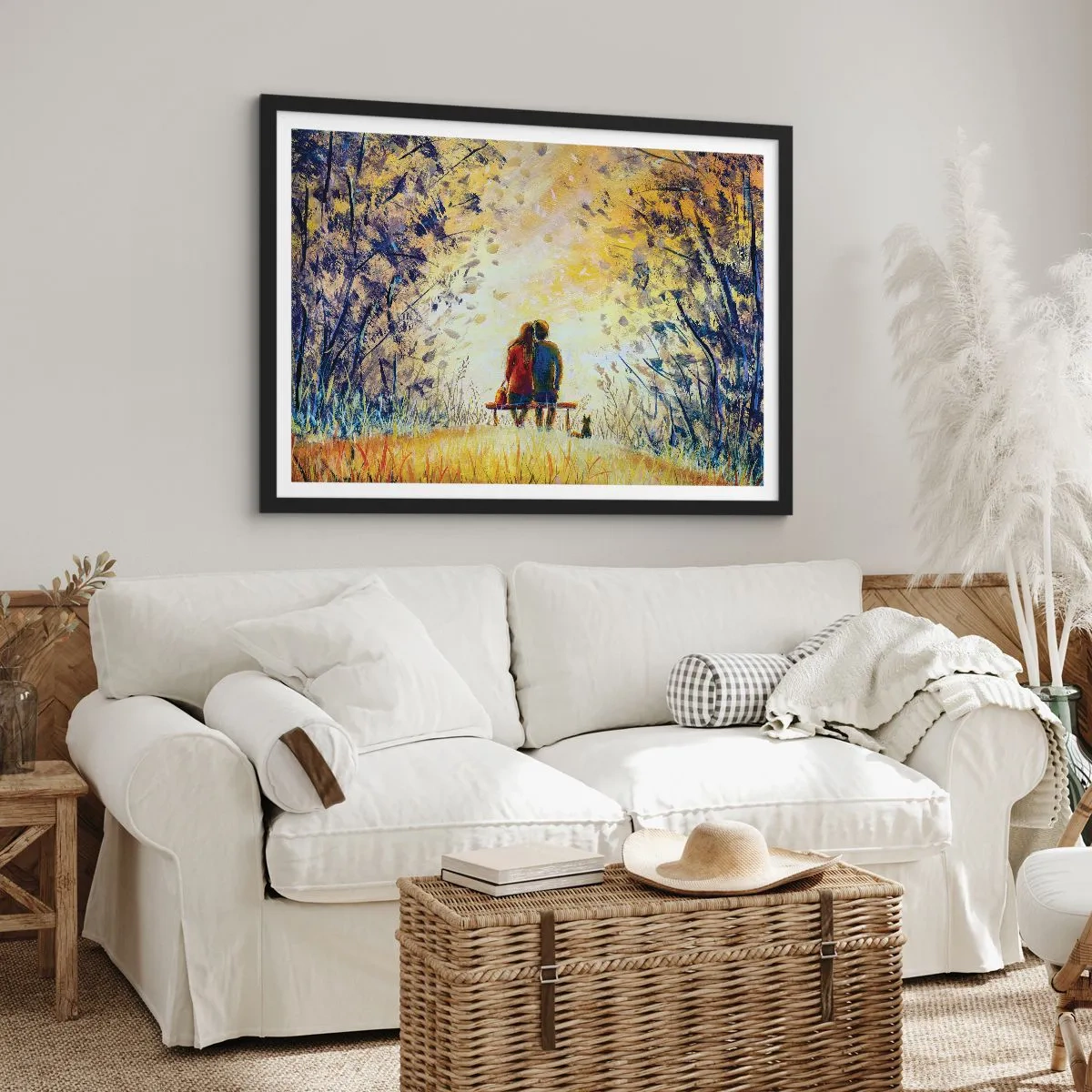 Póster en marco negro - Una pareja sentada en un banco entre árboles otoñales bajo la luz del sol. - 70x50cm - Un momento mágico - Decoración de pared moderna para salón y dormitorio ARTTOR