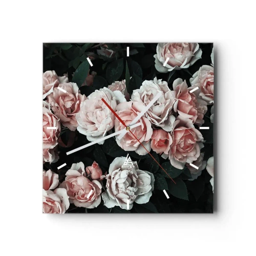 Reloj de pared - Reloj de vidrio - Rosas rosadas sobre un fondo oscuro en una composición sutil. - 30x30cm - Conjunto de rosas - Decoración de pared moderna para salón y dormitorio ARTTOR