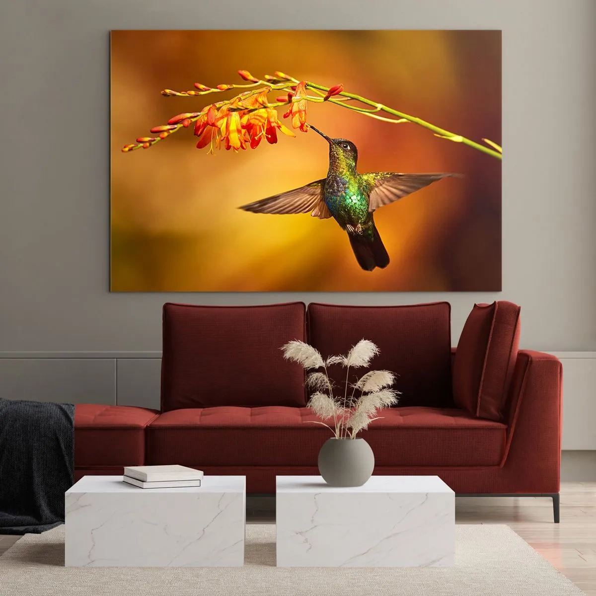 Cuadro sobre vidrio - Impresiones sobre Vidrio - Colibrí junto a flores en un resplandor dorado. - 120x80cm - Mensajero de la luz - Decoración de pared moderna para salón y dormitorio ARTTOR