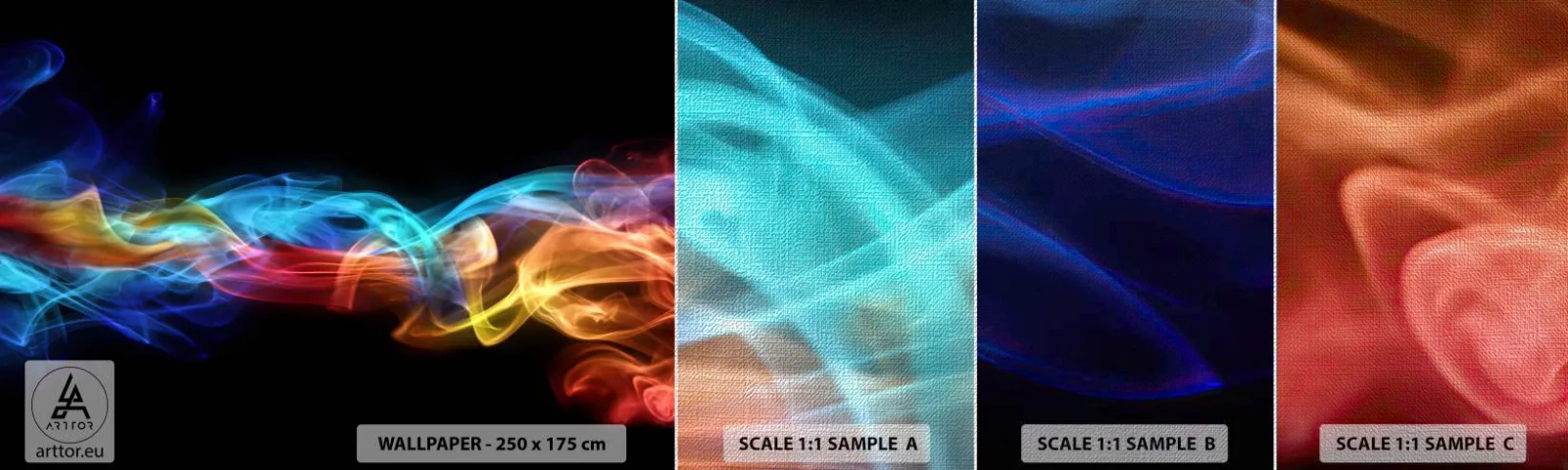 Muestra de fotomural Premium Canvas - Una danza de nieblas de arco iris - Abstracción, Gráficos, Llamas coloridas - 100x30 cm