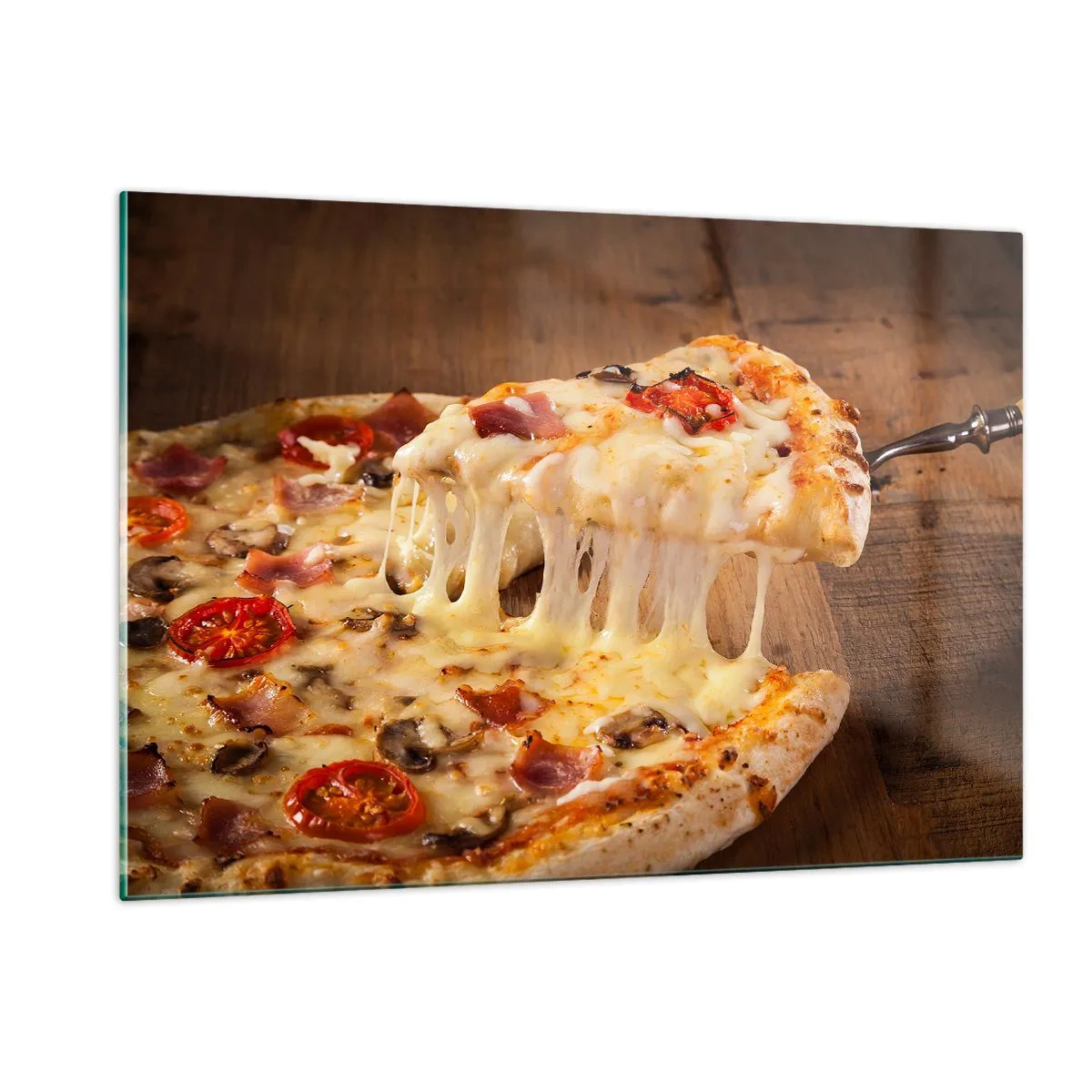 Cuadro sobre vidrio - Impresiones sobre Vidrio - Pizza con queso fibroso, tomates y jamón sobre un fondo de madera - 120x80cm - Una obra maestra del arte italiano - Decoración de pared moderna para salón y dormitorio ARTTOR