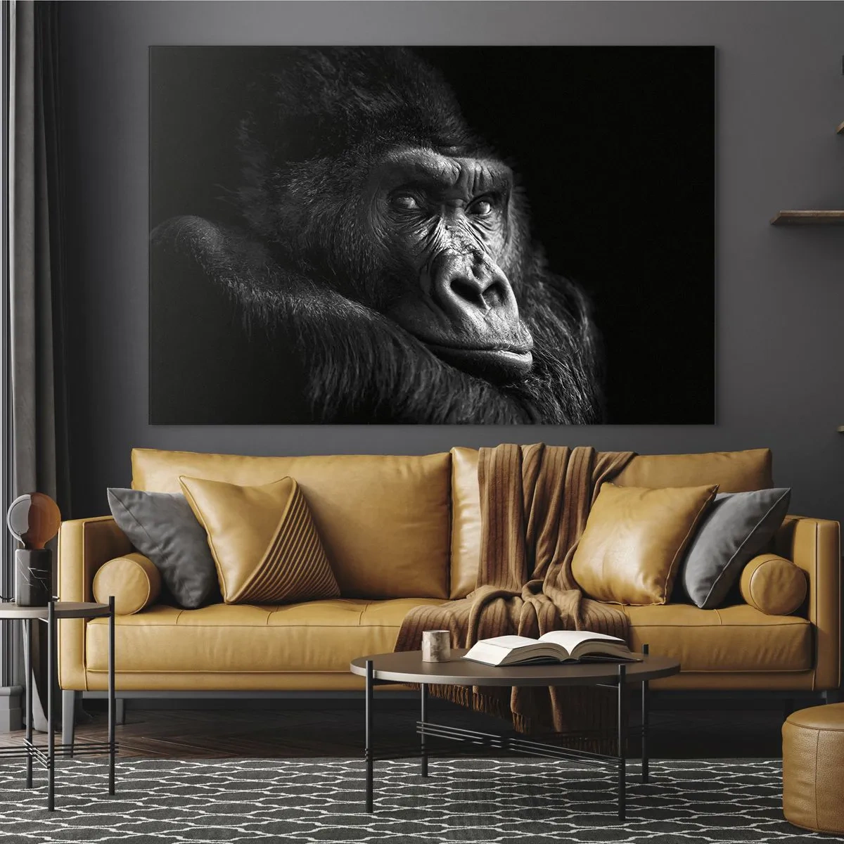 Cuadro sobre vidrio - Impresiones sobre Vidrio - Retrato en blanco y negro de un gorila a la sombra de una ventana. - 70x50cm - ¿Y qué estás mirando? - Decoración de pared moderna para salón y dormitorio ARTTOR