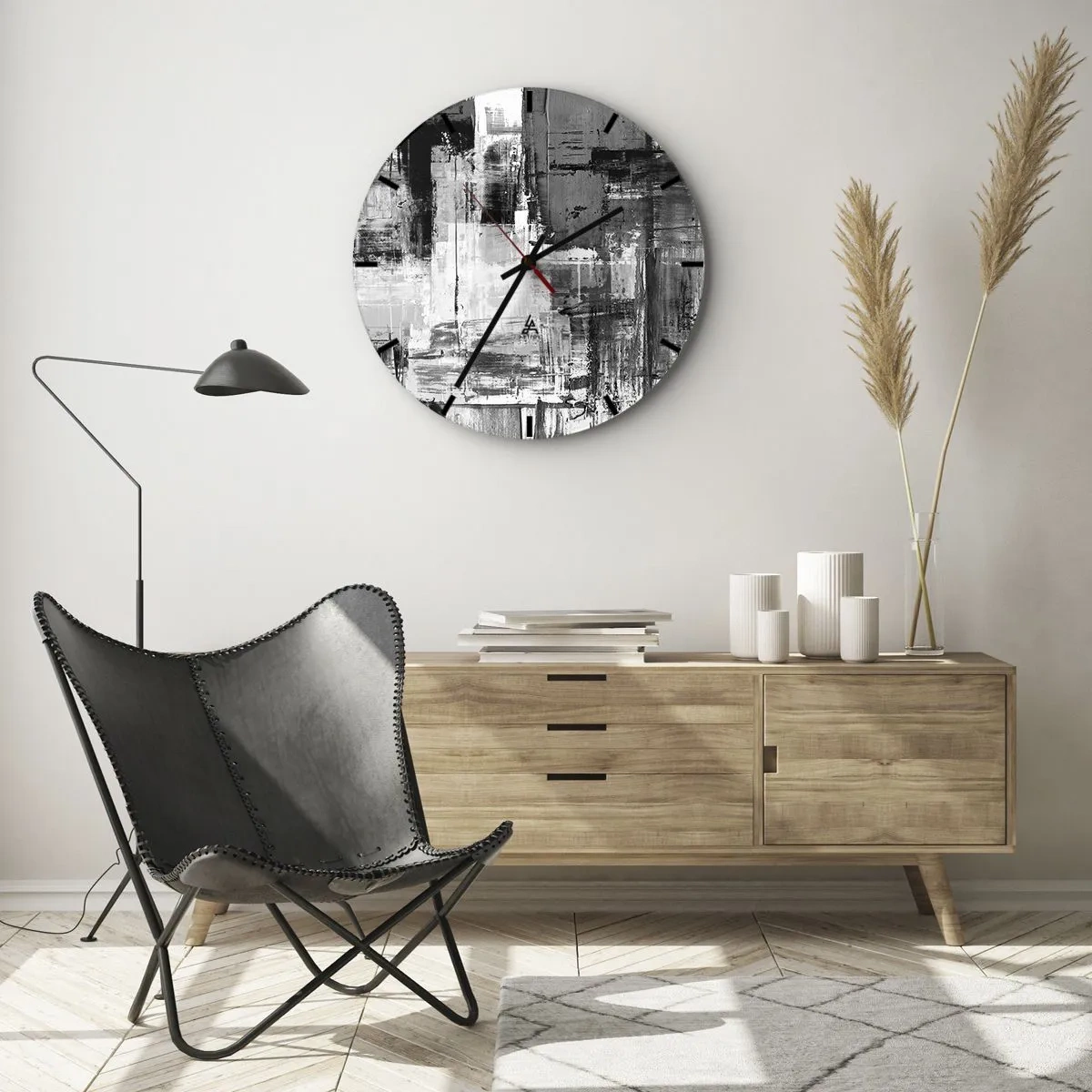 Reloj de pared - Reloj de vidrio - Abstracción en blanco y negro con textura de pinceladas - 30x30cm - El gris es hermoso - Decoración de pared moderna para salón, cocina y dormitorio ARTTOR