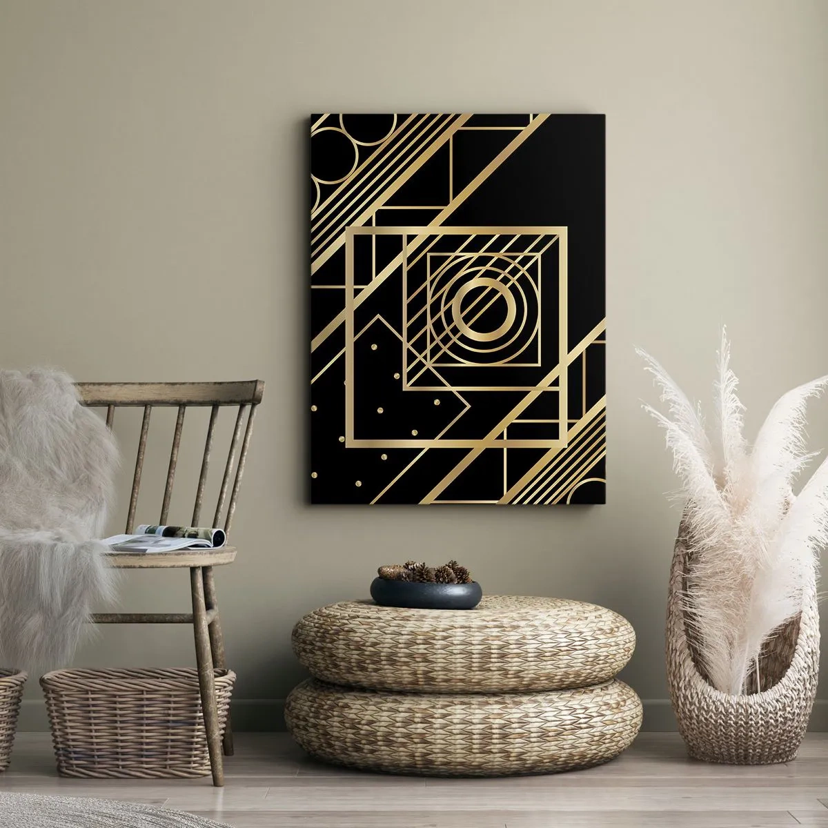 Cuadro sobre lienzo - Impresión de Imagen - Patrones geométricos dorados sobre un fondo negro - 50x70cm - Geometría dorada - Decoración de pared moderna para salón y dormitorio ARTTOR