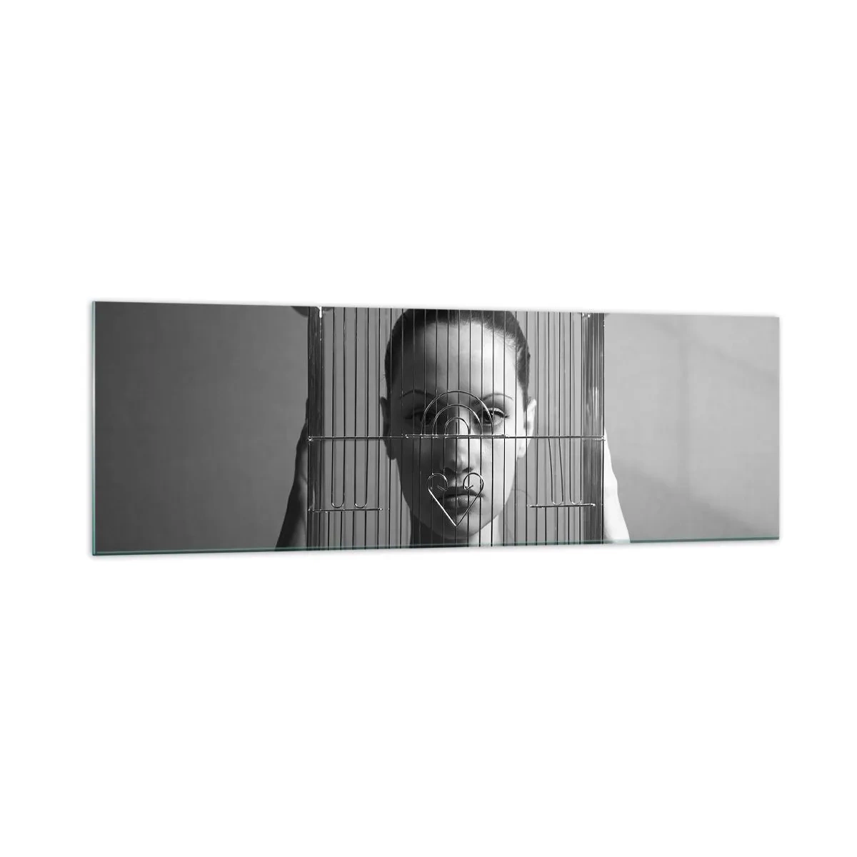 Cuadro sobre vidrio - Impresiones sobre Vidrio - Mujer detrás de una jaula en un estilo surrealista. - 160x50cm - Un retrato algo surrealista - Decoración de pared moderna para salón y dormitorio ARTTOR