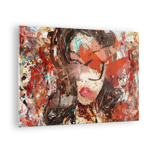 Cuadro sobre vidrio - Impresiones sobre Vidrio - Retrato abstracto de una mujer en tonos rojos y beige. - 70x50cm - Nadie sabe cómo eres realmente - Decoración de pared moderna para salón y dormitorio ARTTOR
