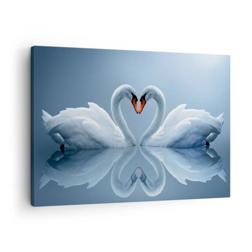 Cuadro sobre lienzo - Impresión de Imagen - Dos cisnes formando un corazón en una superficie tranquila del agua. - 70x50cm - Tiempo de amor - Decoración de pared moderna para salón y dormitorio ARTTOR