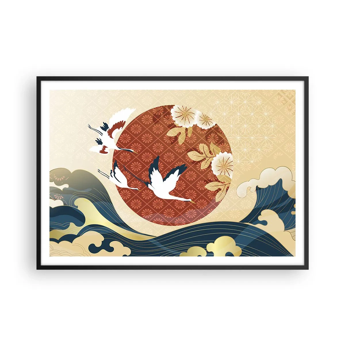 Póster en marco negro - Composición japonesa con grullas y olas. - 100x70cm - Un cuento de hadas japonés - Decoración de pared moderna para salón y dormitorio ARTTOR
