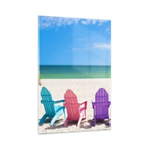 Cuadro sobre vidrio - Impresiones sobre Vidrio - Tumbonas de colores en la playa con vistas al mar - 80x120cm - Playa arco iris - Decoración de pared moderna para salón y dormitorio ARTTOR