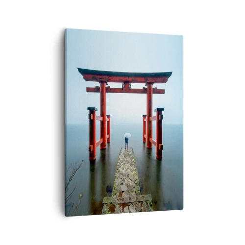 Cuadro sobre lienzo - Impresión de Imagen - Una puerta torii con vistas a un lago tranquilo en Japón - 50x70cm - Ensueño japonés - Decoración de pared moderna para salón y dormitorio ARTTOR