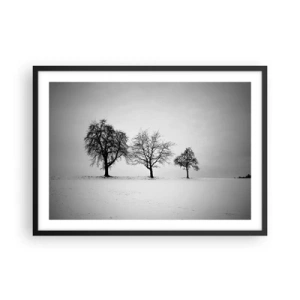 Póster en marco negro - Tres árboles en un campo nevado en estilo monocromático. - 70x50cm - ¿Con qué sueñan? - Decoración de pared moderna para salón y dormitorio ARTTOR